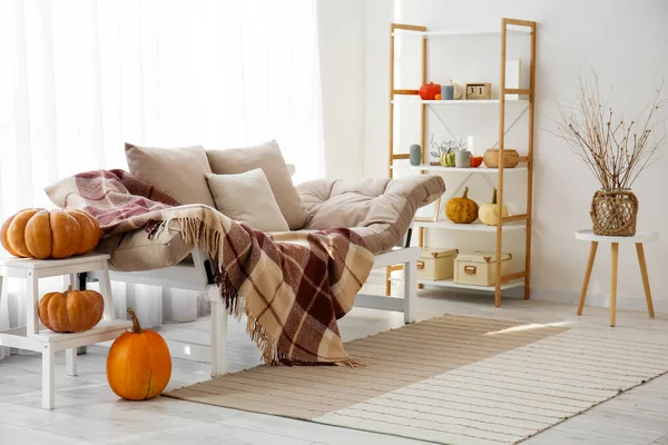 Interior Light Living Room Couch Halloween Pumpkins Shelving Unit — Stock Photo, Image