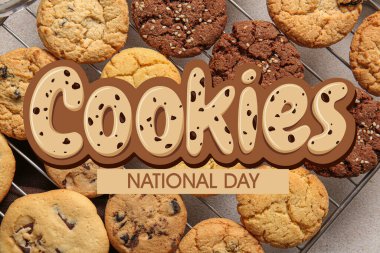 Lezzetli ev yapımı kurabiyelerle soğutma rafı, üst manzara. Ulusal Kurabiye Günü