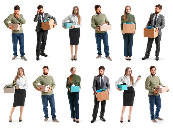 Set Van Ontslagen Jongeren Met Bezittingen Witte Achtergrond — Stockfoto