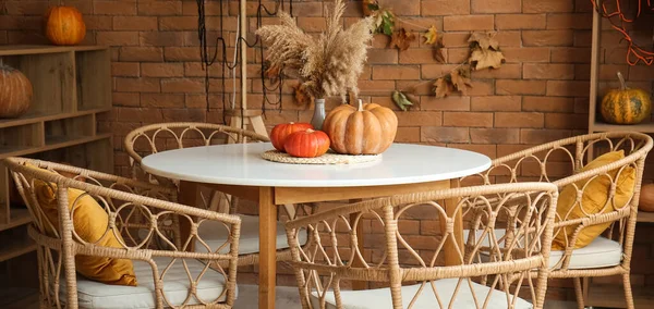 Halloween Pumpkins Dining Table Kitchen — Stock Photo, Image