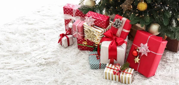 Many Christmas Gifts Floor Fir Tree — Stock Photo, Image