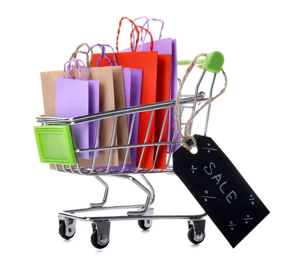 Shopping Cart Paper Bags Black Tag Word Sale White Background — Stock Photo, Image