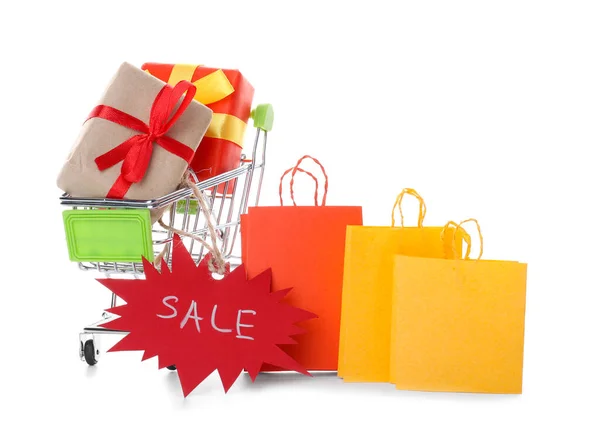 Shopping Cart Gift Boxes Paper Bags Word Sale White Background — Stock Photo, Image