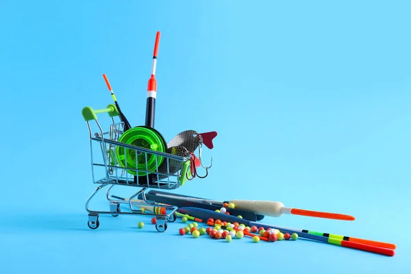Shopping Cart Fishing Tackle Color Background — Stock Photo, Image