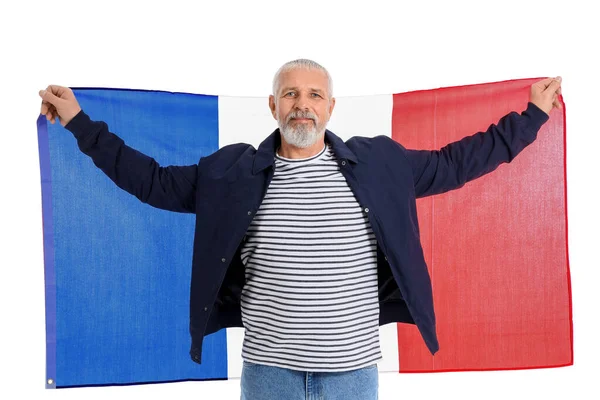 Hombre Maduro Con Bandera Francia Sobre Fondo Blanco —  Fotos de Stock