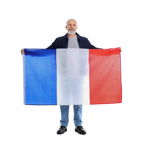 Hombre Maduro Con Bandera Francia Sobre Fondo Blanco —  Fotos de Stock