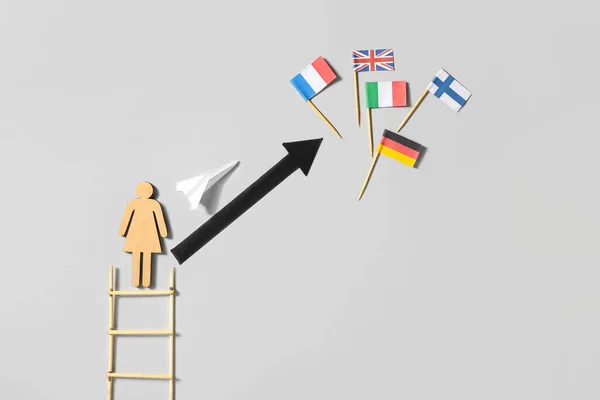 Ladder Papieren Vlakte Vrouwelijk Silhouet Pijl Wijzend Verschillende Vlaggen Grijze — Stockfoto