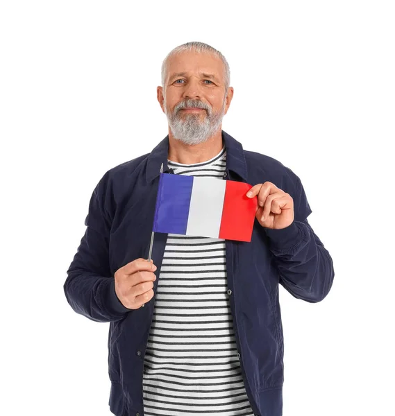 Gammal Man Med Flagga Frankrike Vit Bakgrund — Stockfoto