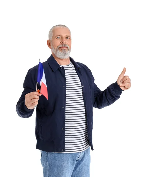 Gammal Man Med Flagga Frankrike Visar Tummen Upp Vit Bakgrund — Stockfoto