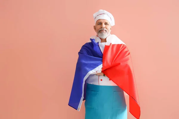 Rijpe Chef Kok Met Vlag Van Frankrijk Beige Achtergrond — Stockfoto