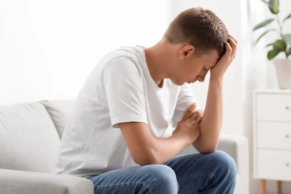 Stressed Young Man Sitting Sofa Home — Stock Photo, Image