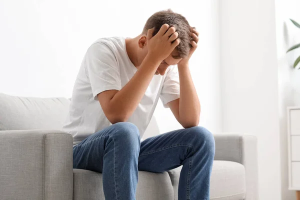 Stressed Young Man Sitting Sofa Home — Stock Photo, Image