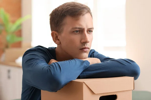 Stressed Young Man Box Kitchen — Stock Photo, Image