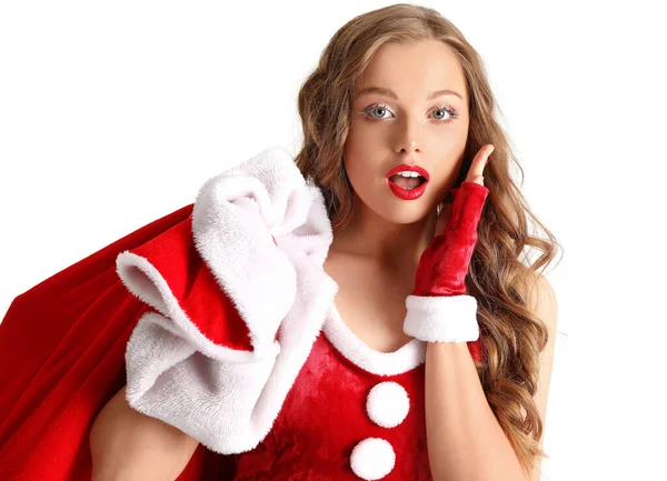 Verrast Jonge Vrouw Santa Kostuum Met Tas Witte Achtergrond Close — Stockfoto