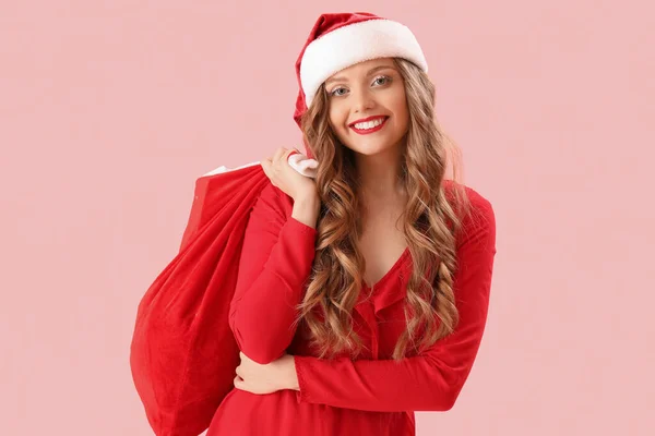 Young Woman Santa Hat Bag Pink Background — Stock Photo, Image
