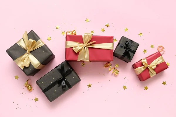 Gift Boxes Confetti Pink Background Black Friday Sale — Stock Photo, Image