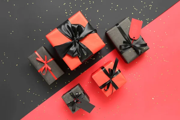 Gift Boxes Color Background Black Friday Sale — стоковое фото