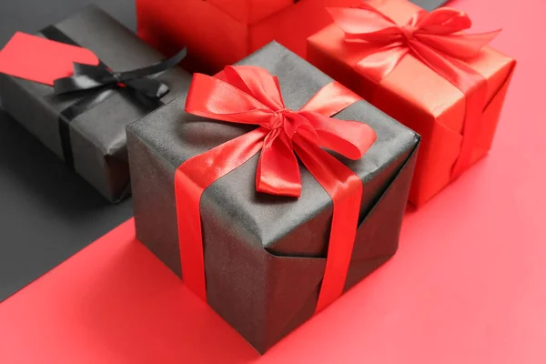 Gift Boxes Color Background Closeup Black Friday Sale — Stock Photo, Image