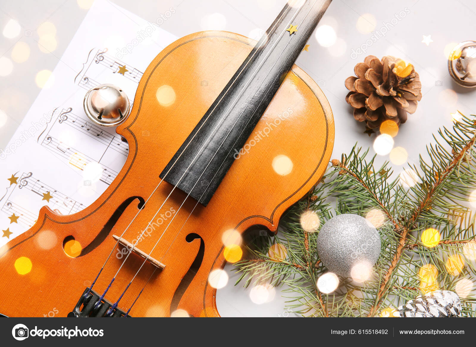 Violin Christmas Decor Music Note Sheets Light Background Stock