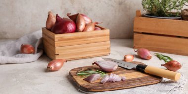 Kesme tahtası, bıçak ve soğanlı kutu.