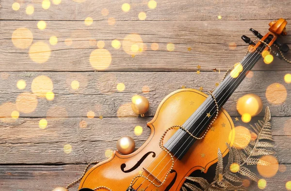 Violin Christmas Decor Wooden Background — Stock Photo, Image
