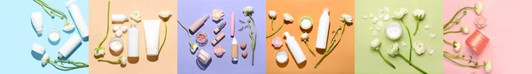 Conjunto Cosméticos Naturales Con Flores Ranúnculos Sobre Fondo Color — Foto de Stock