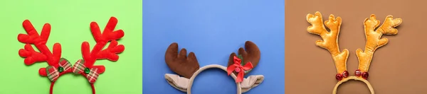 Collage Cuernos Renos Navidad Sobre Fondo Color Vista Superior — Foto de Stock