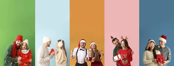 Koláž Šťastných Párů Barevném Pozadí Šťastný Nový Rok Veselé Vánoce — Stock fotografie