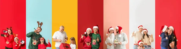 Collage Personnes Heureuses Sur Fond Couleur Bonne Année Joyeux Noël — Photo