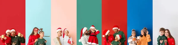 Gruppe Glücklicher Menschen Auf Farbigem Hintergrund Frohes Neues Jahr Und — Stockfoto