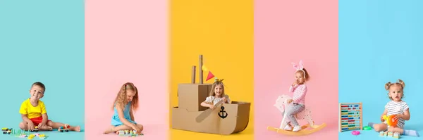 Набір Маленьких Дітей Іграшками Кольоровому Фоні — стокове фото