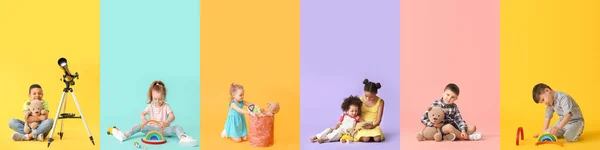 Collage Von Kleinen Kindern Mit Spielzeug Auf Farbigem Hintergrund — Stockfoto