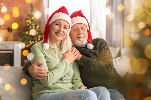 Happy Mature Couple Home Christmas Eve — Stock Photo, Image