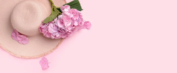 Belles Fleurs Hortensia Chapeau Sur Fond Rose Avec Espace Pour — Photo