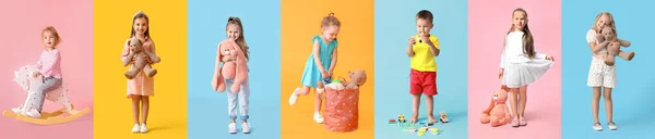 Uppsättning Söta Barn Med Leksaker Färg Bakgrund — Stockfoto