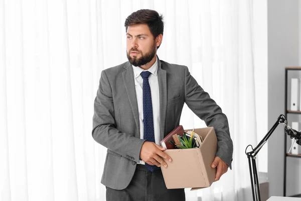 Fired Young Man Holding Box His Stuff Office — Stock Photo, Image