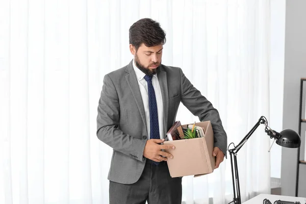 Fired Young Man Holding Box His Stuff Office — Stock Photo, Image