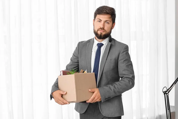 Fired Young Man Holding Box His Stuff Office — Stock Photo, Image