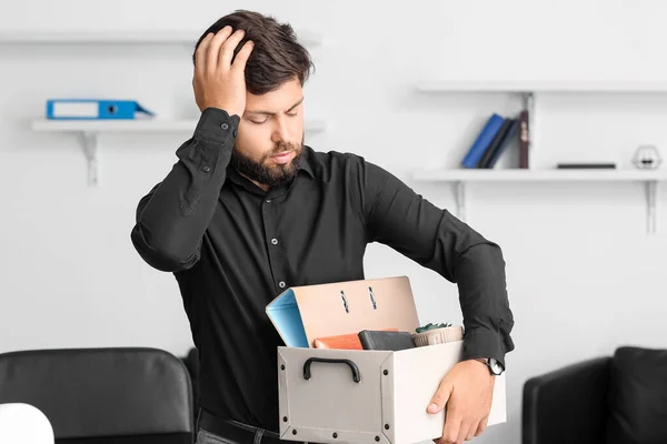 Sad Fired Young Man Holding Box Personal Stuff Office — Stock Photo, Image
