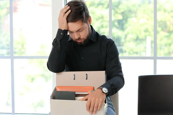 Sad Fired Young Man Personal Stuff Sitting Office — Stock Photo, Image