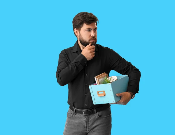 Sad Fired Young Man Holding Box His Office Stuff Blue — Stock Photo, Image