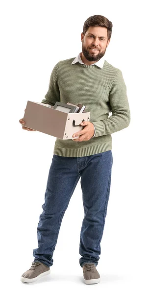 Gebrannter Junger Mann Hält Schachtel Mit Persönlichen Sachen Auf Weißem — Stockfoto