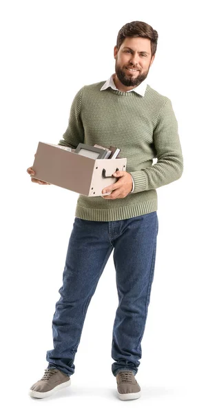 Fired Young Man Holding Box Personal Stuff White Background — Stock Photo, Image