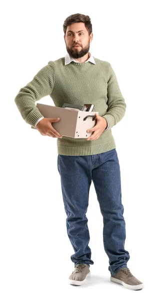 Fired Young Man Holding Box Personal Stuff White Background — Stock Photo, Image