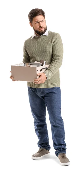 Sad Fired Young Man Holding Box Personal Stuff White Background — Stock Photo, Image