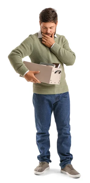 Sad Fired Young Man Holding Box Personal Stuff White Background — Stock Photo, Image