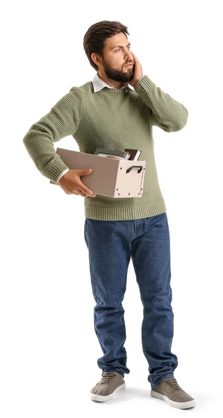 Sad Fired Young Man Holding Box Personal Stuff White Background — Stock Photo, Image