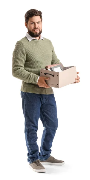 Fired Young Man Holding Box Personal Stuff White Background — Stock Photo, Image