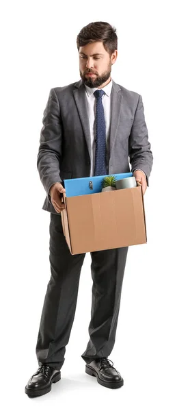 Fired Young Man Holding Box Personal Stuff White Background — Stock Photo, Image