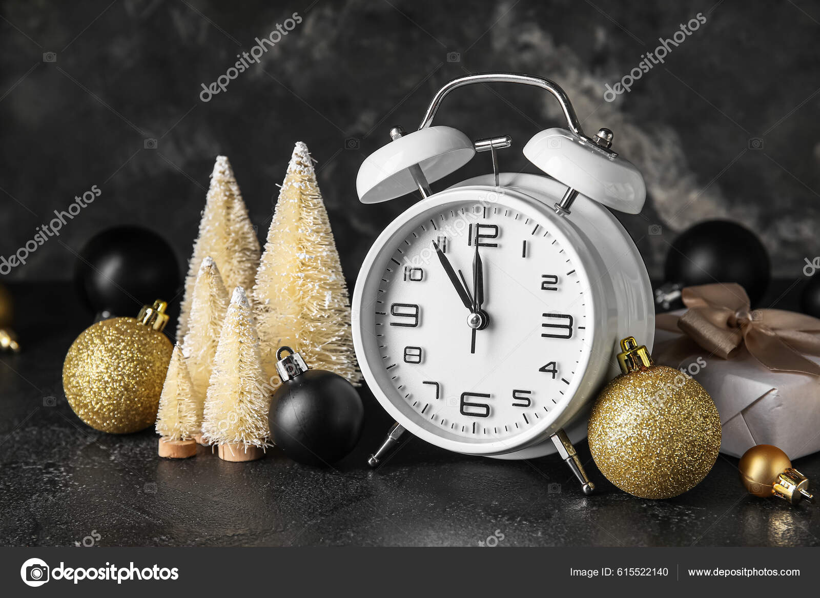 White Alarm Clock Beautiful Christmas Decorations Dark Background Stock ...